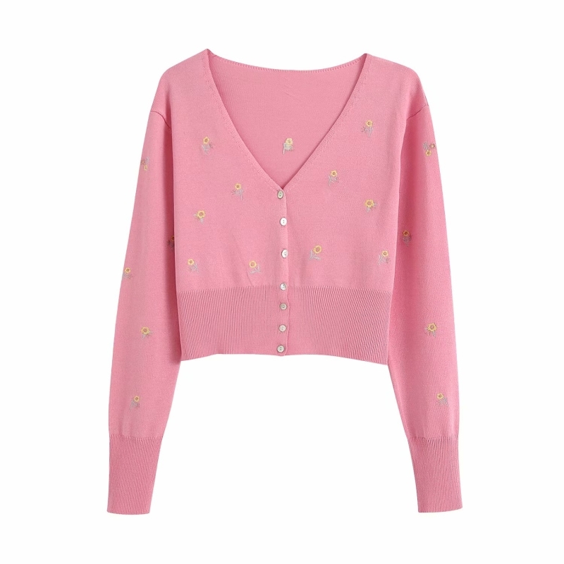 green women knitted floral sweaters fashion ladies rib-knited sleeve button sweater elegant female knitwear girls chic 210430
