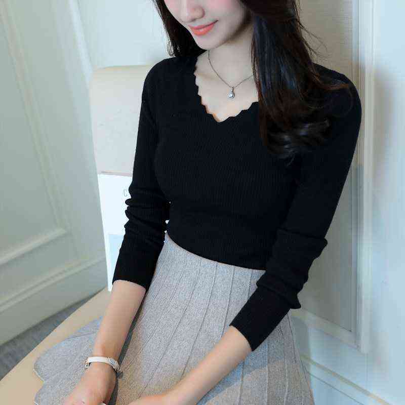 Autumn Long Sleeve Sweater Women Winter Pullovers Solid Black White Knitted Sweater Tops Wave Cut V-neck Basic Office 7809 50 211109