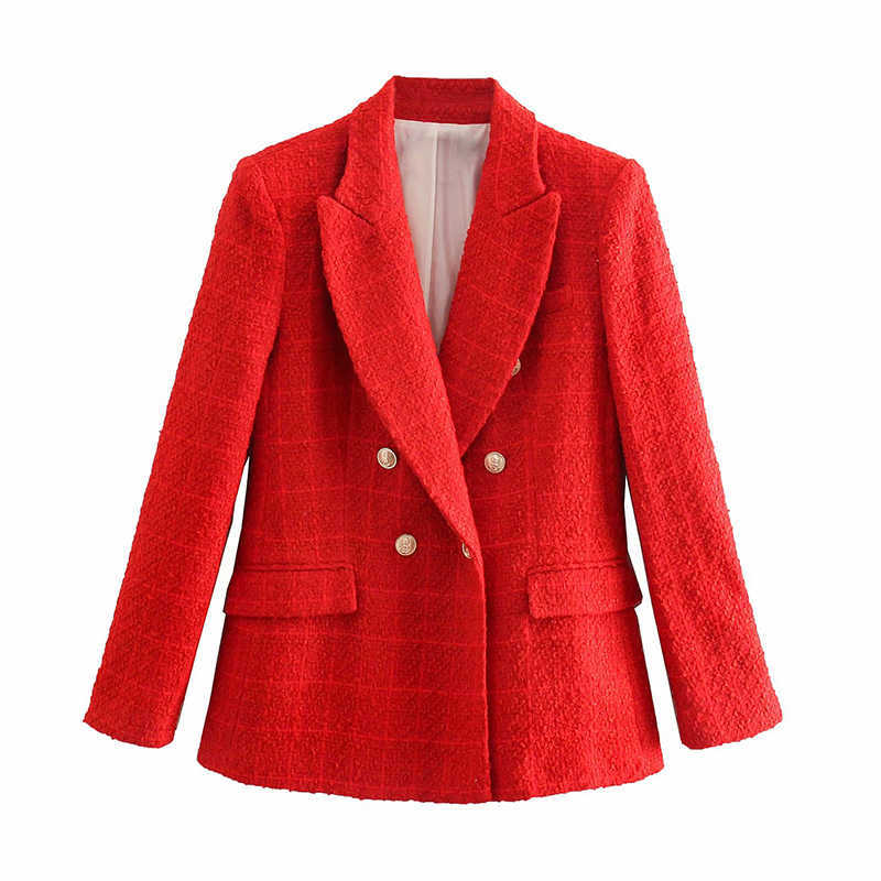 Tweed Women Vintage Red Blazers Autumn Fashion Ladies Elegant Slim Jacket Streerwear Girls Chic Blazer Cute 210527