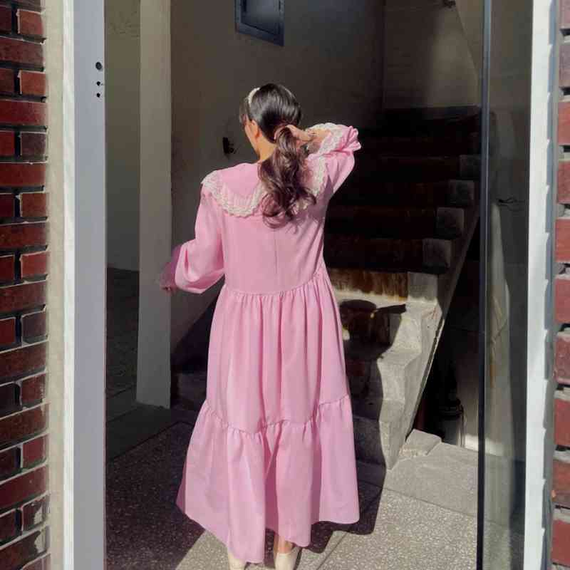 Neploe Spring Women Dress Vintage Lace Peter Pan Collar Slim Waist Sweet Vestidos Mujer Flare Sleeve Black Elegant Dresses 210422