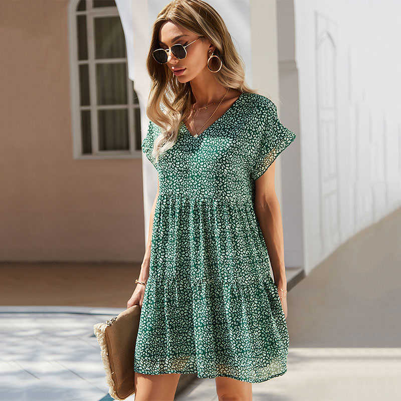 Summer Floral Printed Holiday Wommen Dress Sex V Neck Short Sleeve A Line Perfectly Flaunt A Kind Of Pure Sweet Style Dress 210630
