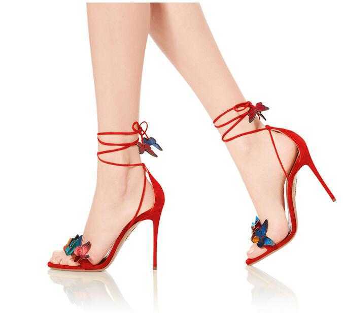 Fashion Women Ankle Strap Sandals Red Bridal Summer Wedding Shoes Butterfly Decor High Heel Prom Pumps Gold Sandalias 210827