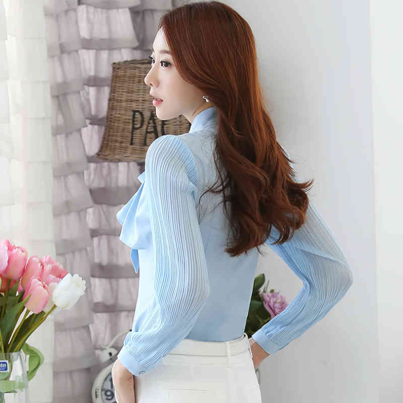 Fashion Women Blouses Solid Chiffon Shirt Bow Collar Office Tops Female Long Sleeve Shirts 2397 50 210508