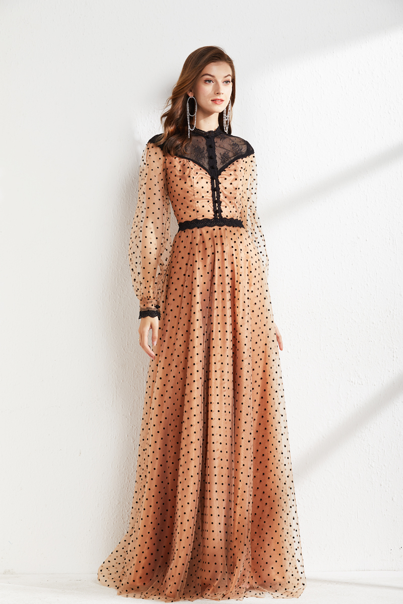 Women's Runway Dresses O Neck Long Sleeves Lace Patchwork Polka Dots Printed Elegant Maxi Floor Length Party Prom
