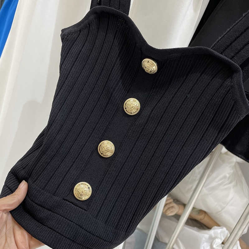 DEAT Women Elastic Knitted Rivet Suspender Bottomed Vest Sexy Solid Color Slim Fashion Spring Summer 11B141 210709