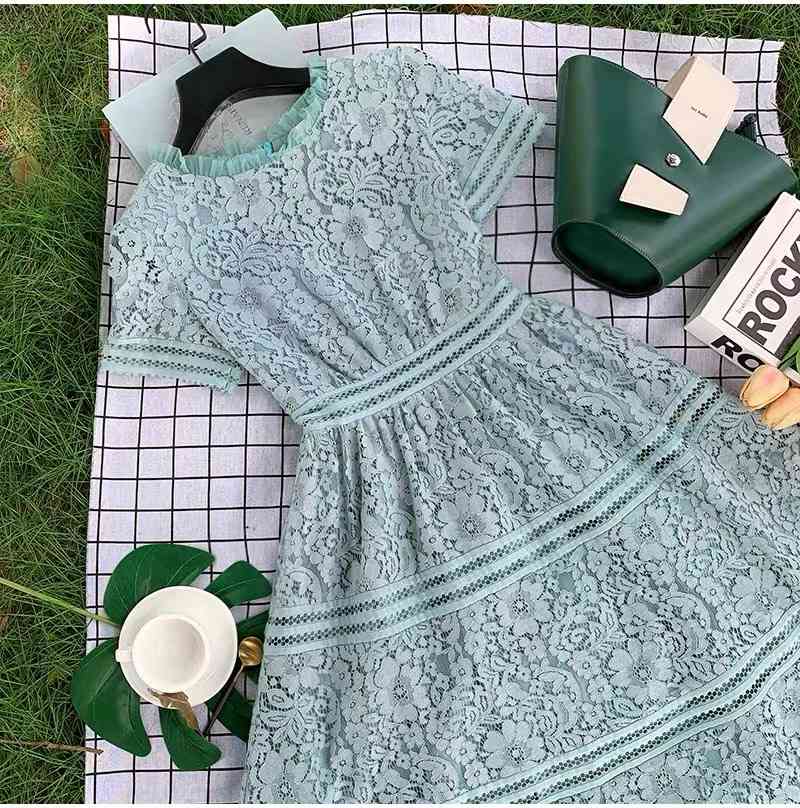 lace elegant blue office lady spring summer fashion midi dresses for women casual daily wear de ropa mujer chic 210421