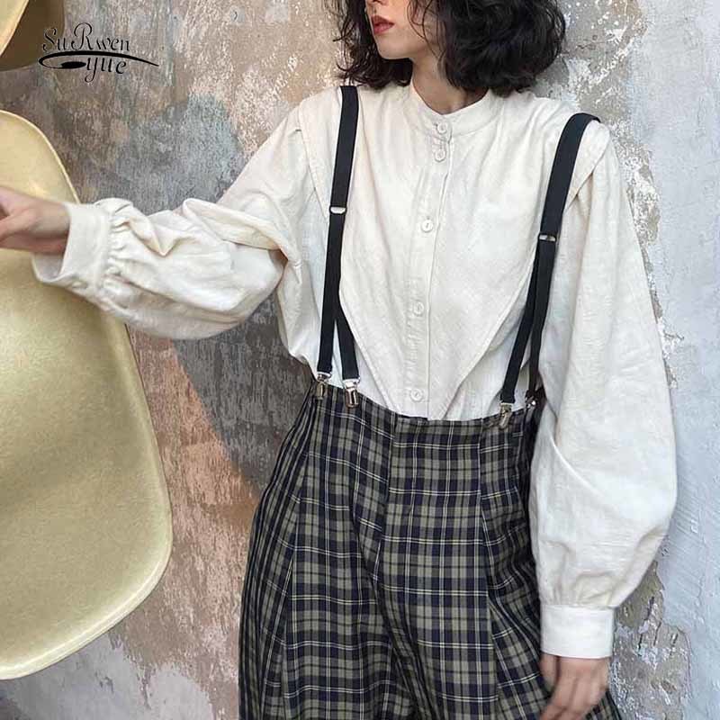 Vintage White Cotton Blouses and shirts Korean Chic Blouse Women Lantern Sleeve Autumn Casual linen Button Up ladies Shirt 12382 210506