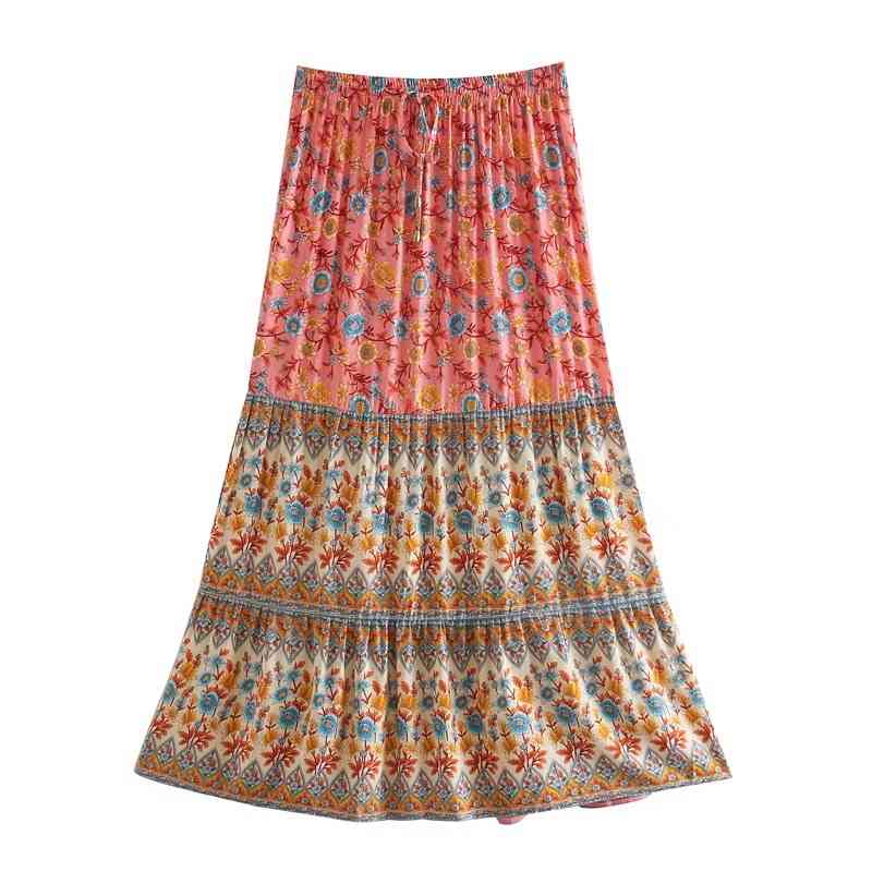 3 Colors Bohemia Floral Print Long Skirt BOHO Stitching Ruched Ruffle Hem Holiday Women Adjust Stream Waist Swing Skirts 210429