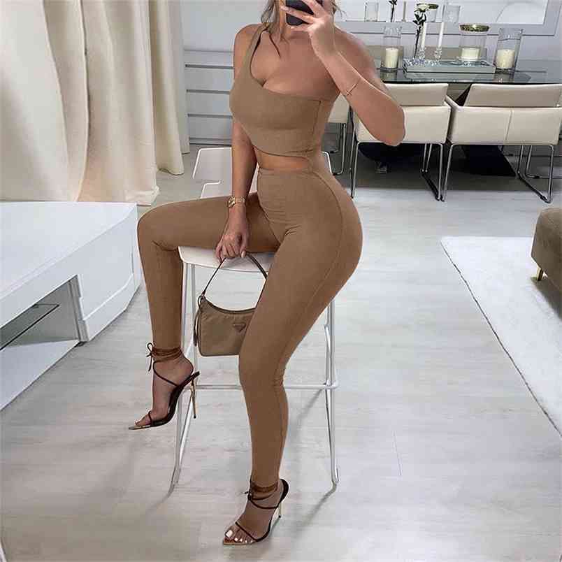 Women One Shoulder Hollow Out Bodycon Jumpsuit Casual Sleeveless Ribbed Streetwear Sporty Playsuit Summer Solid Slim Romper 210522