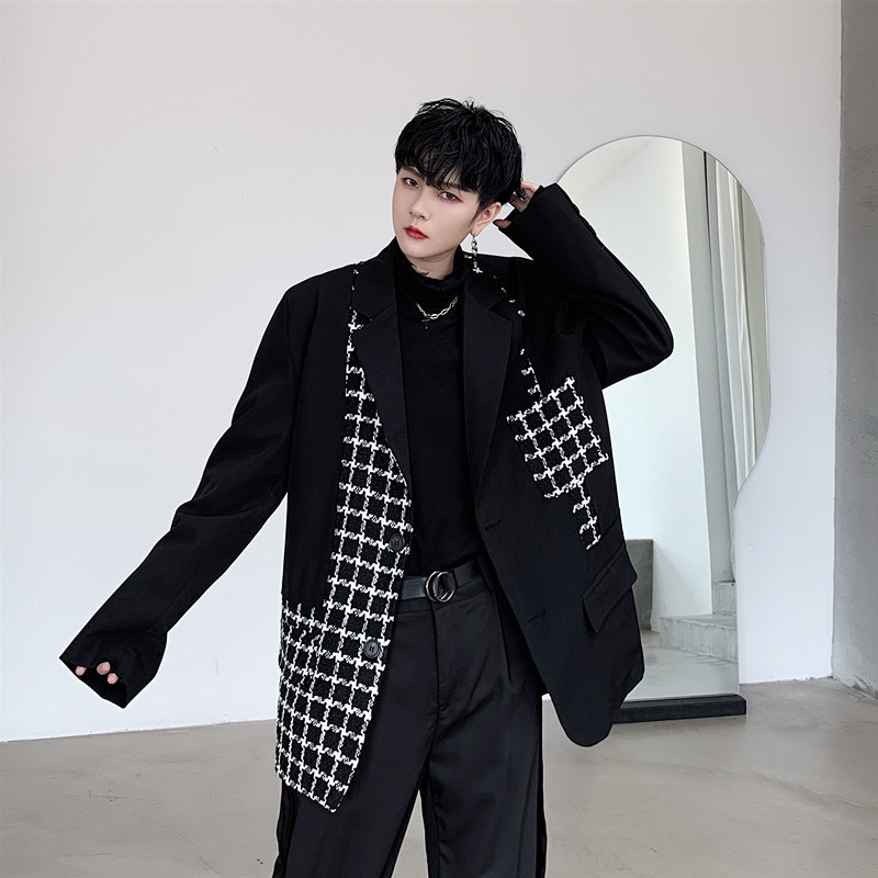 IEFB Oversize Loose black paid patchwork suit coat men's Asymmetric janpanese streetwear fashion blazer Jacket autum 9Y347 210524