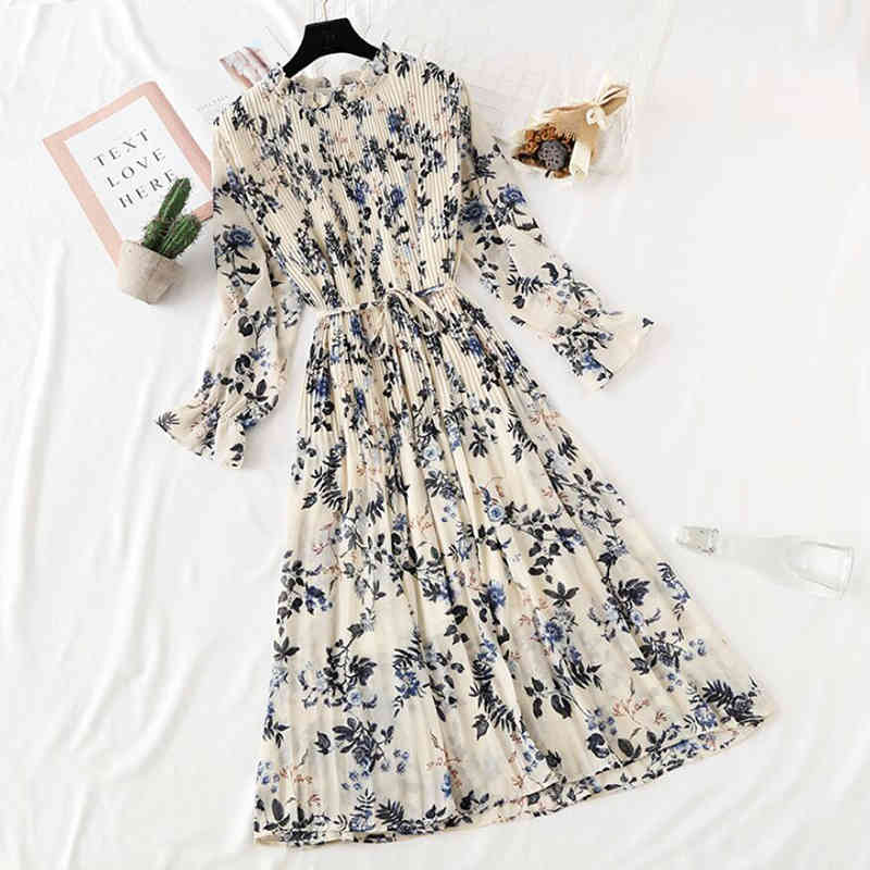 Women Print Pleated Chiffon Dress Spring Summer Fashion Female Casual Flare Sleeve Lotus Leaf Neck Basic Dresses 210521