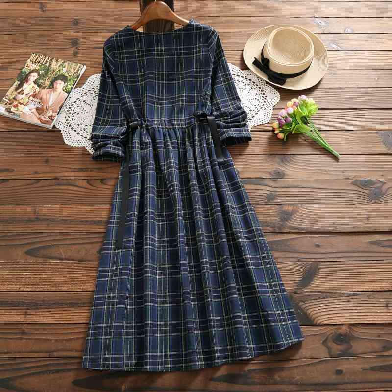 Loose Plus Size Dress Spring Long Sleece Vintage Plaid Woman Party Mdi-Calf O-Neck Casual Ladies es Robes 7630 210512