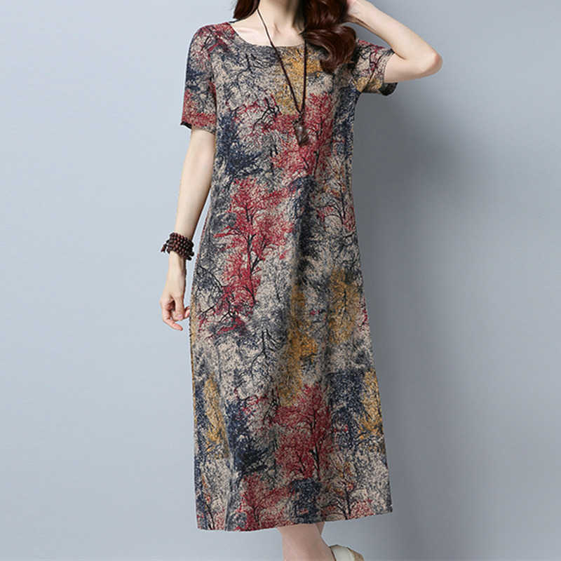Cotton Linen Summer Dress Women Loose Plus size Casual Dress OL work Wear vintage Print beach Sundress dresses vestidos 210630