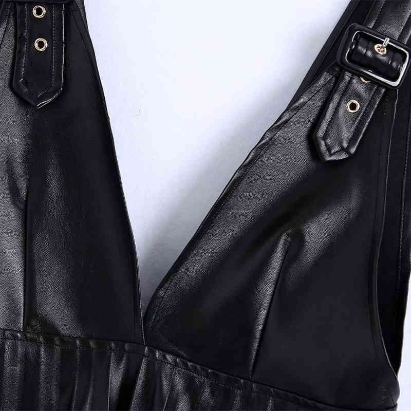 Vintage Woman Leather V Neck Spaghetti Strap Dress Spring Autumn Fashion Ladies Draped es Female Cool A-Line 210515