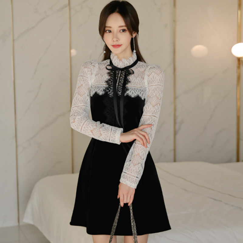 Korea Lace Patchwork Full Sleeve Stand Neck Vestidos Women's A-Line Black Mini Casual Skater Dress, Black;gray
Korea Lace Patchwork Full Sleeve Stand Neck Vestidos Women's A-Line Black Mini Casual Skater Dress, Black;gray