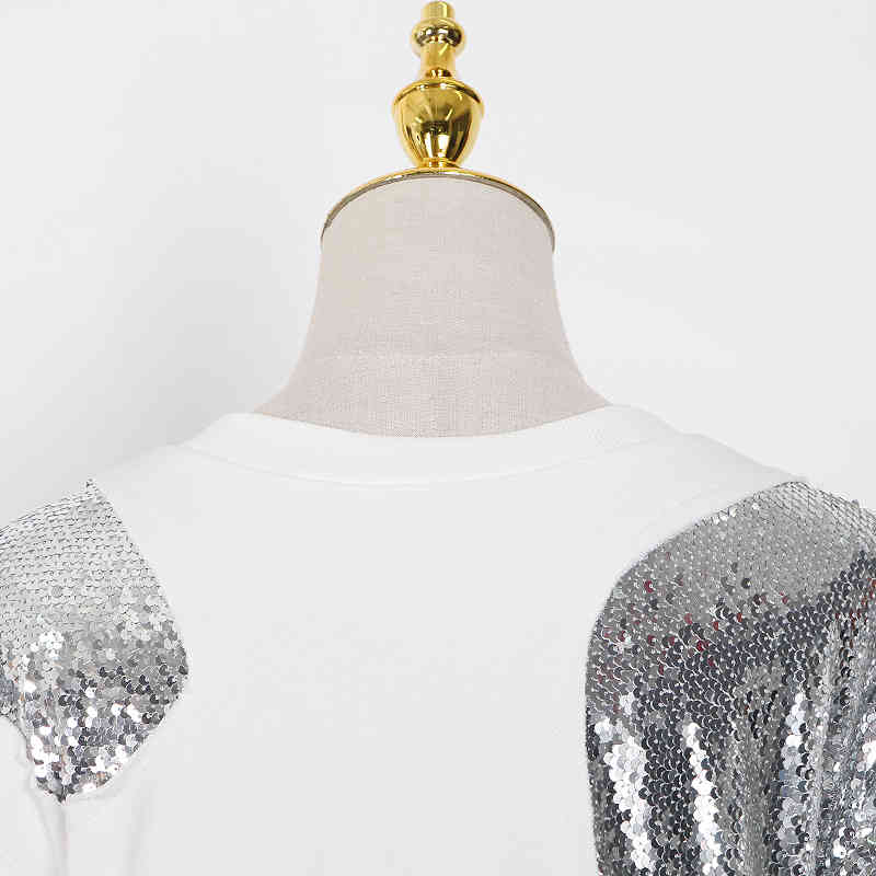 TOWTWINSTYLE Sequins Casual White Sweatshirt For Women O Neck Long Sleeve Irregular Patchwork Sweatershirts Female 210524