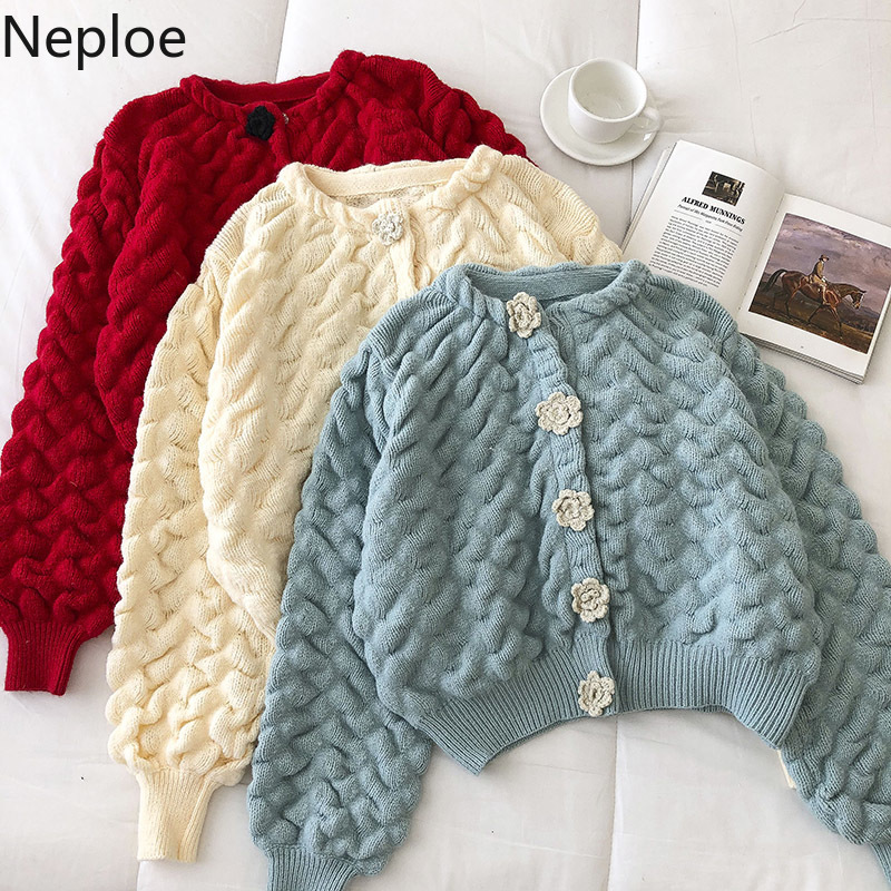 Neploe Knitted Cropped Cardigan Female Winter Clothes Thicked Warm Knitted Sweaters Women Sweet Vintage Sueter Coat Pull Femme 210422