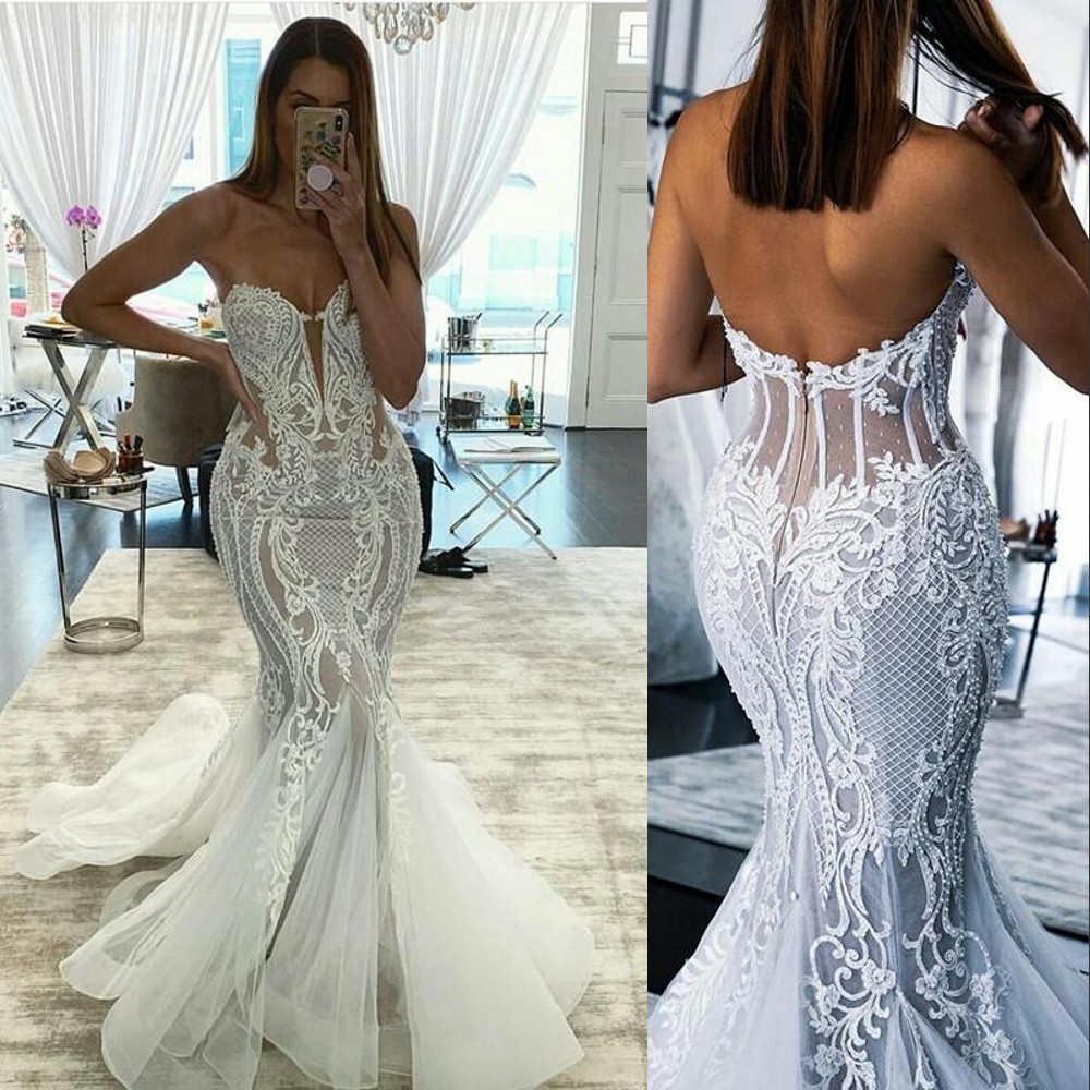 Wedding Arabic Mermaid Dresses Bridal Gowns Pearls Beadings Tulle Sweetheart Sleeveless Illusion Sheer Lace Appliques Plus Size Vestidos De Novia Lz03