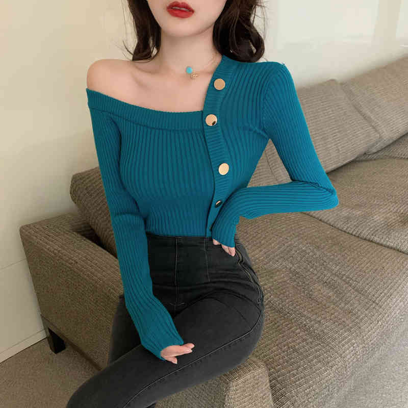 Fashion Korean Women Sweater Elegant Sexy Single-Breasted Long Sleeve Slim Knitt Sweaters Jumper Soft Warm Pull Femme 210519