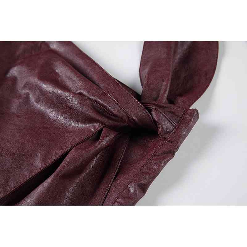Nomikuma One-piece PU Leather Women Skirt Bow Tie Stretch High Waist Skirts Spring New Sexy Split A-line Mujer Faldas 6D931 210427