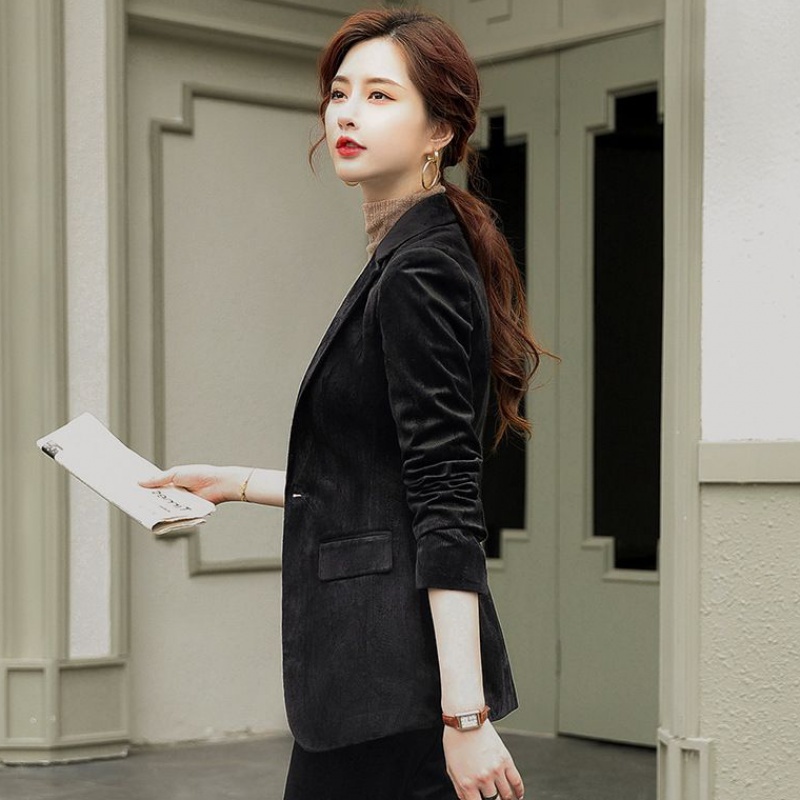Winter Corduroy Casual Business Attire Ladies Solid Single Button Fashion V-Neck Long Sleeve Suit Coat Female 210514