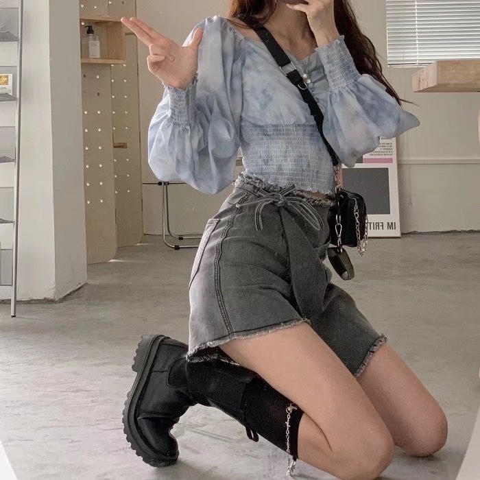 Autumn French Pleated Ruched Elastic Gradient Tie dye Shirt Women Sexy Long sleeve Slim Fit Blouse Tops 210429