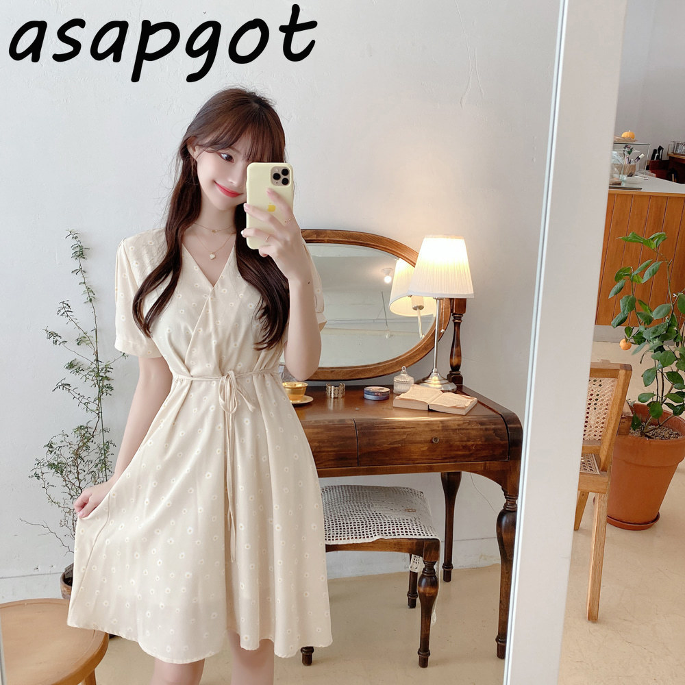 Lace Up Waist Slim V Neck Short Sleeve Floral Black White Dots Chiffon Dress Women Mini Clothes Summer Retro Vestido Sweet 210429