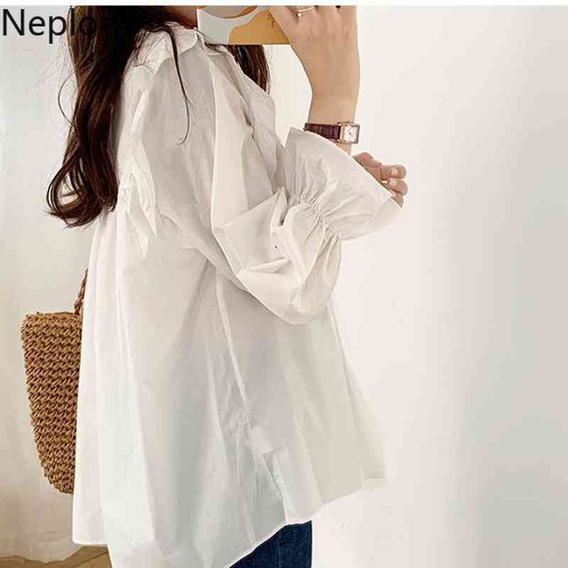 Neploe Vintage Women Pleated Blouses Hollow Out Ruffle Shirts Loose Long Sleeve Patchwork Blusas Female White Elegant Tops 210422