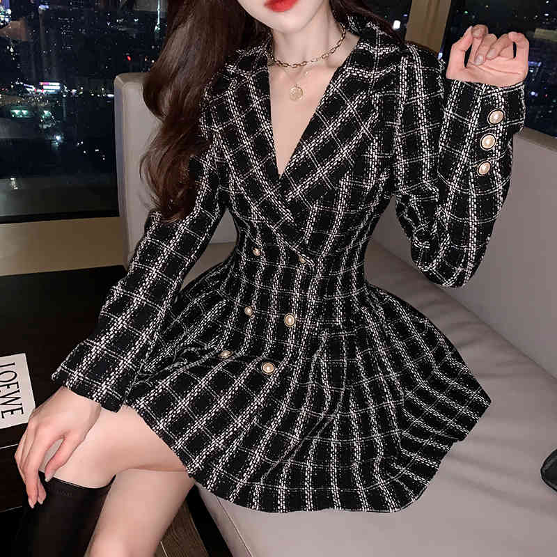 Spring Autumn Women's Elegant Office OL Plaid Tweed Temperament Suit Double Breasted High Waist Slim Pleated Mini Dress 210519