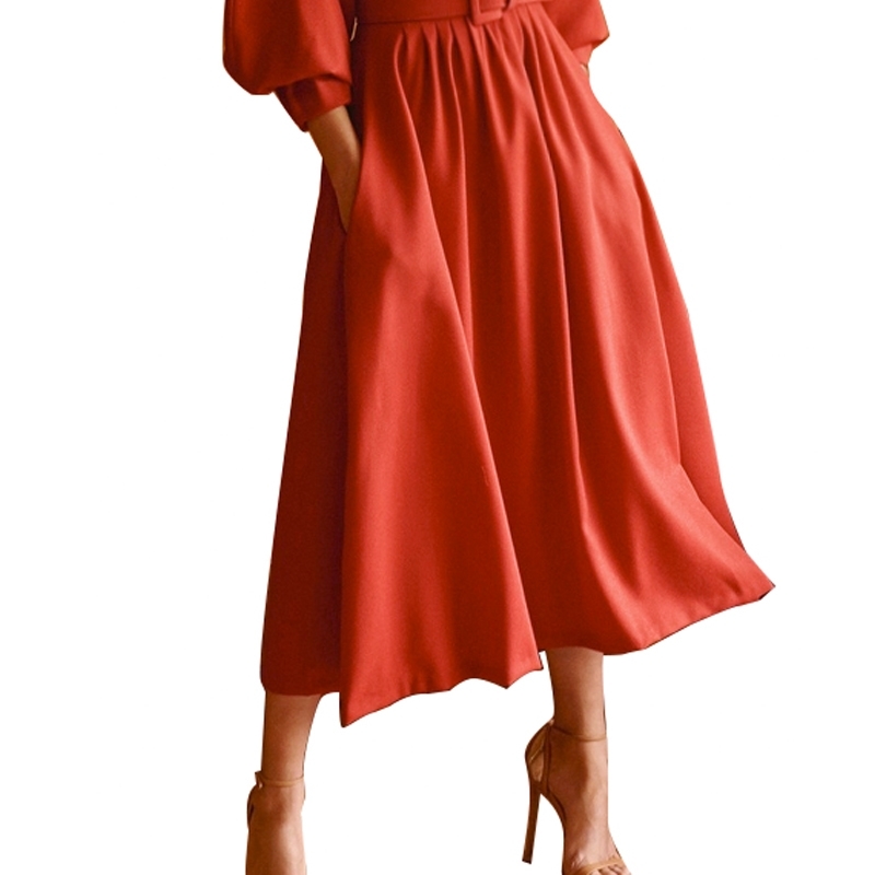 DEAT Spring and summer waist folded red show thin seven point Lantern Sleeve high waist dress pullover vestido tide WR30303L 210428