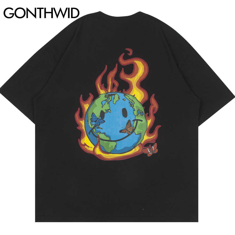 GONTHWID Tshirts Streetwear Fire Flame Earth T-Shirts Harajuku Mens Hip Hop Casual Cotton Short Sleeve Tops Tees 210629