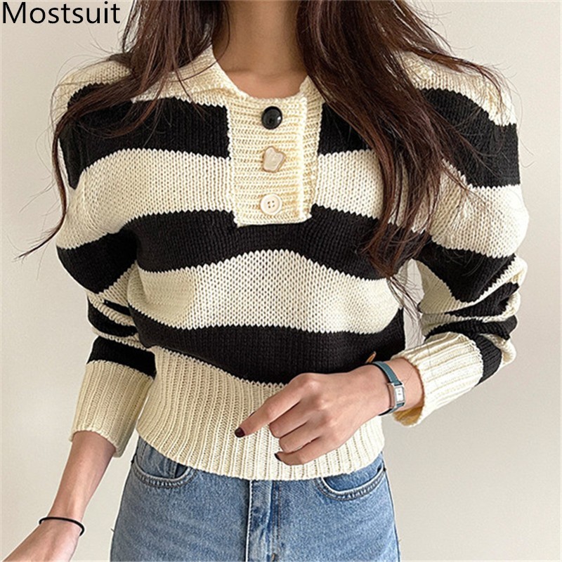 Color-blocked Striped Knitted Women Pullover Sweater Full Sleeve Turn-down Collar Buttons Tops Korean Elegant Female Jumper 210518, Apricot
Color-blocked Striped Knitted Women Pullover Sweater Full Sleeve Turn-down Collar Buttons Tops Korean Elegant Female Jumper 210518, Apricot