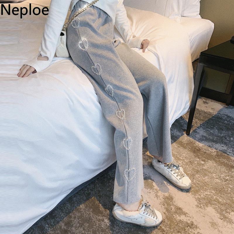 Neploe Fashion Wide Leg Pants Women Harajuku Love Beading Trousers High Waist Loose Pantalon Streetwear Casual Sweatpants 210422