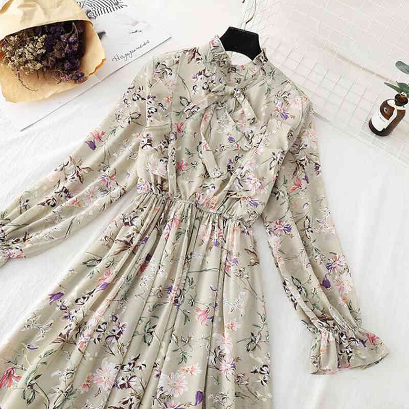 Women Dress Spring Summer Korean Fashion Vintage Floral Print Chiffon Midi Dress Ladies Elegant Dresses Clothes 210521