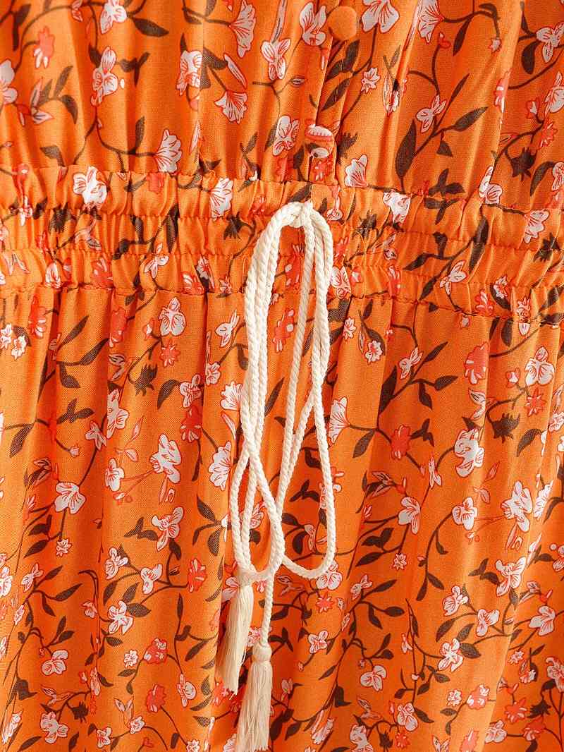 Bohemia Buttons V neck Floral Print BOHO Long Sleeve Dress Woman Bow Strappy Elastic Waist Midi Holiday Dresses 210429