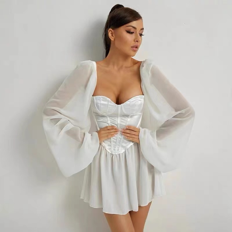 2021women bodycon dress female lantern sleeve y2k corset chiffon dresses beach vacation outfit party mini white dress summer, Black;gray 
2021women bodycon dress female lantern sleeve y2k corset chiffon dresses beach vacation outfit party mini white dress summer, Black;gray