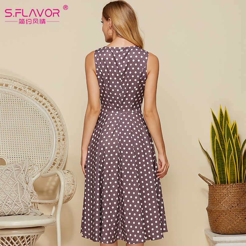 S.FLAVOR Women Vintage Dot Wave Sundress Sleeveless O-neck Summer Vestidos Women Elegant Dot Printing Mid-Calf Casual Dress 210630