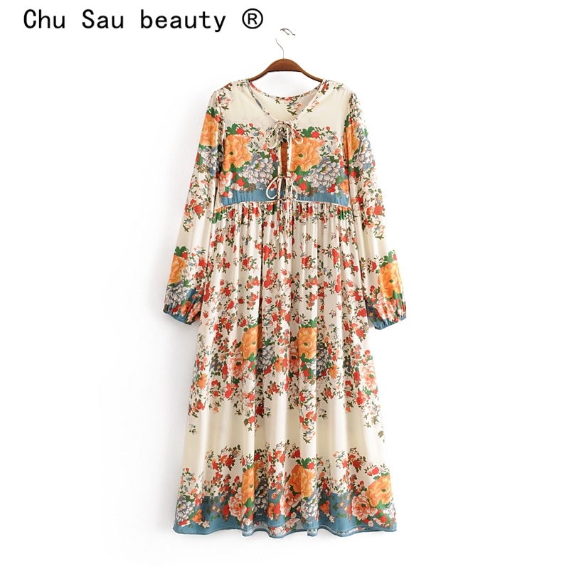 beauty Fashion Boho Floral Print Maxi Dress Women Summer Chic Holiday Wear O-neck Bow Tie Loose Long Dresses Female 210514