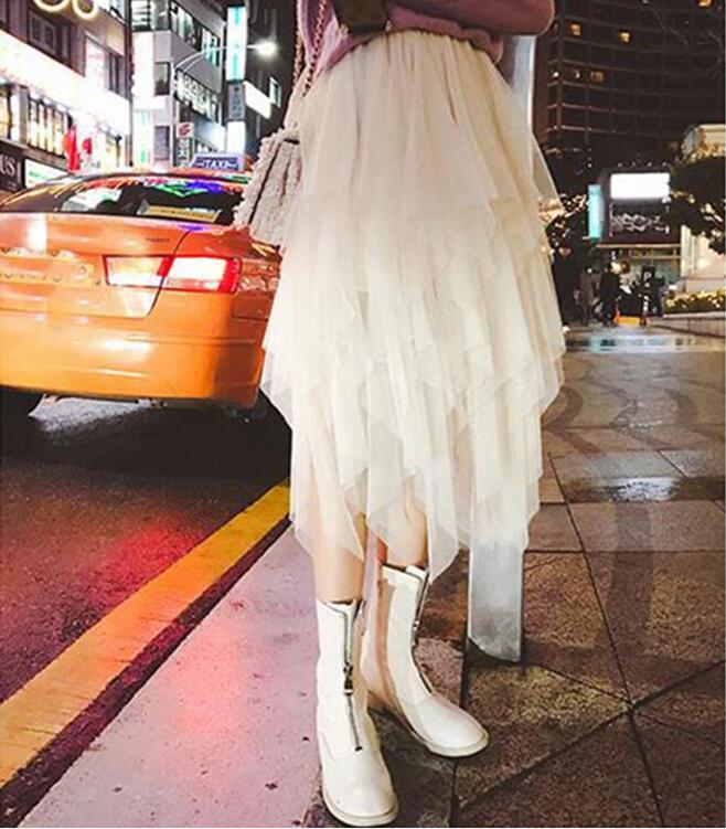 Women Irregular Mesh Skirt Korean Clothes Summer Vintage Elastic Waist Pleated Mid Long A-line Skirts Femme 210429