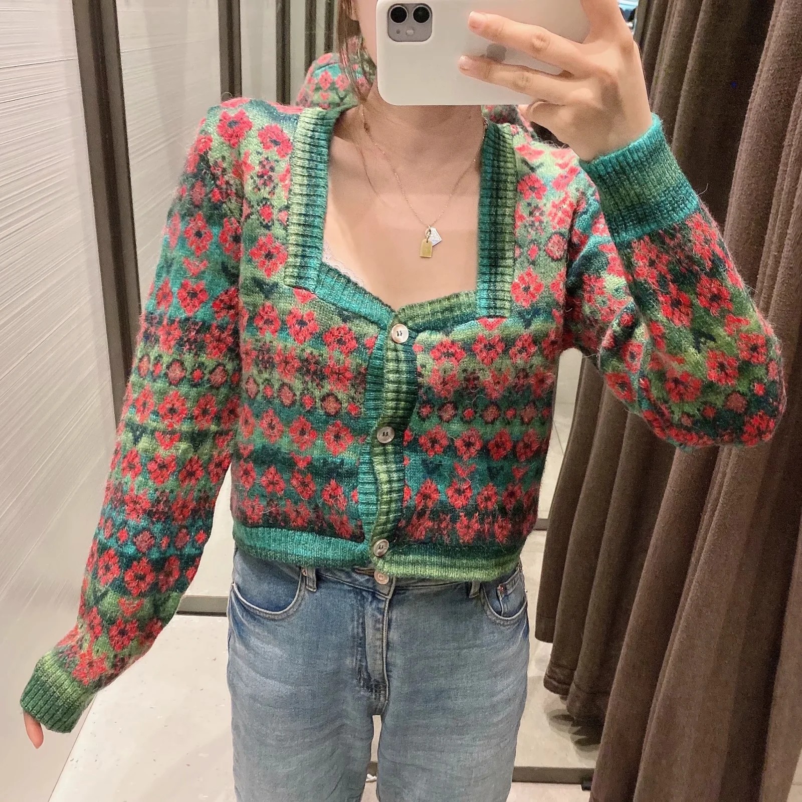 Vintage flower Jacquard Cardigan sweater women Cropped winter Knitted Crop Sweater Korean 210521