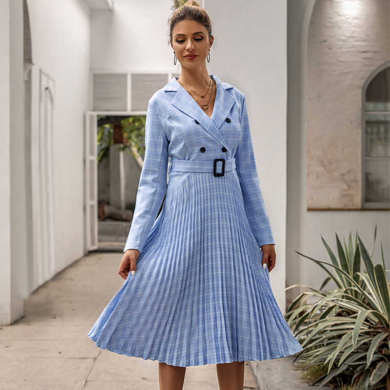 Ly Varey Lin V-neck Plaid Blazer Dress Women Elegant Long Sleeve Button Pleated Office Ladies Belt Autumn Winter Vestidos 210526