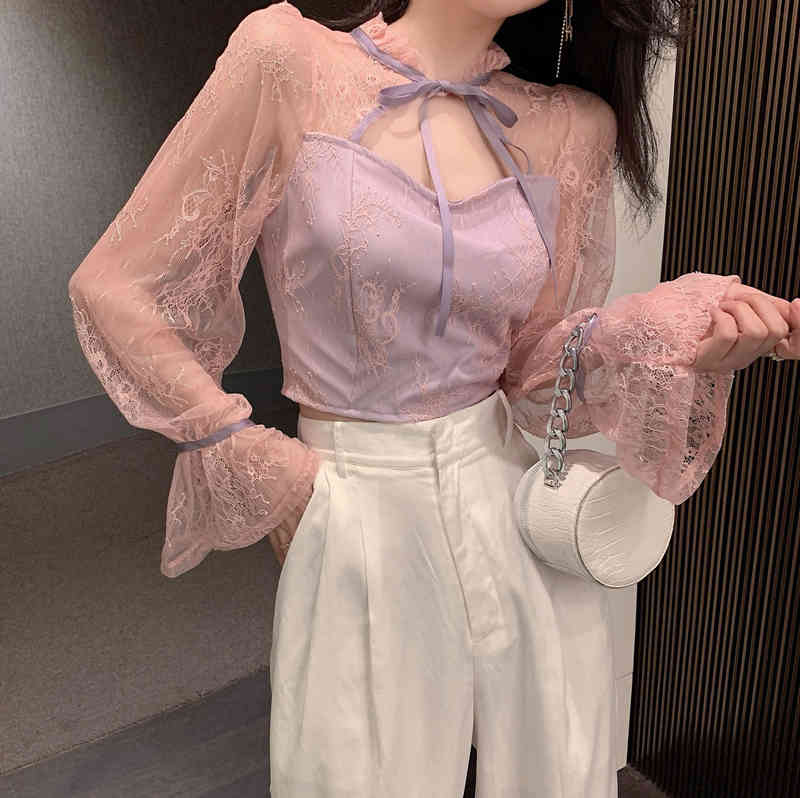 Nomikuma Korean Perspective Patchwork Lace Shirt Korean Bow Tie Stand Neck Flare Long Sleeve Blouse Spring New Blusas 6D730 210427