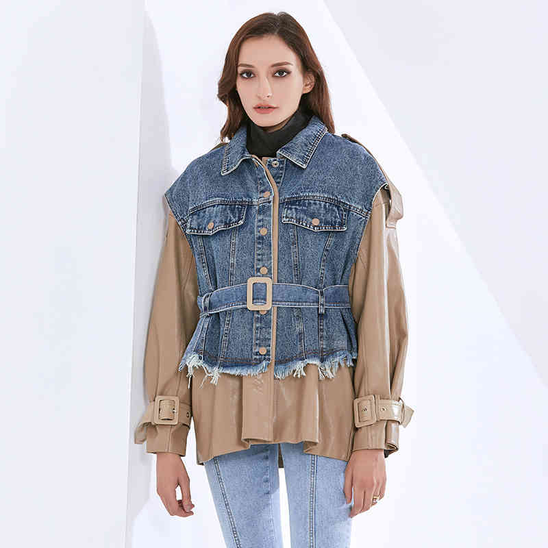 Patchwork PU Jackets For Women Lapel Long Sleeve Loose Hit Color Sashes Casual Denim Coats Female Autumn 210524