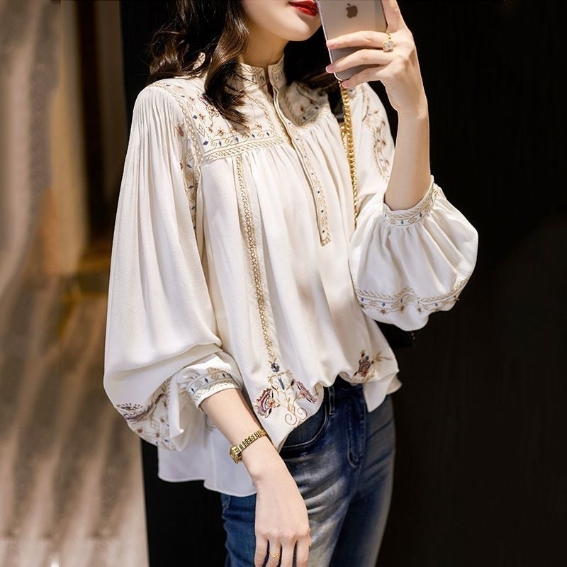 Lady Large Size Fashion Printed Shirt Women's Spring Summer New Retro Bohemian Long Lantern Sleeve Elegant Blouse Tops P191 210317
