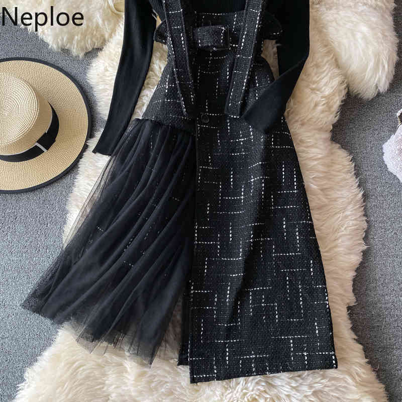 Neploe Two Piece Set Women Knitted Sweater Sling Patchwork Gauze Dresses Korean Chic Suit Femme Roupas 2 Piece Set Female 4G300 210422