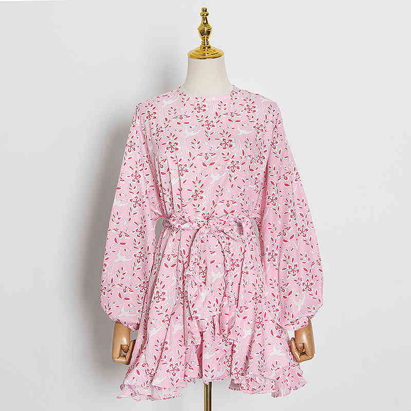 Casual Print Dresses Female O Neck Lantern Long Sleeve High Wiast Lace Up Pleated Hem Mini Summer Dress Women 210520