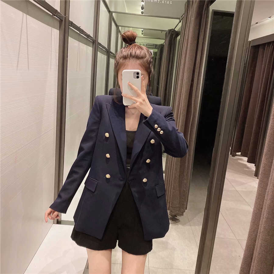 Style Women's Metal Button Casual Solid Double Breasted Full Suit Jacket Blazer Women 210615