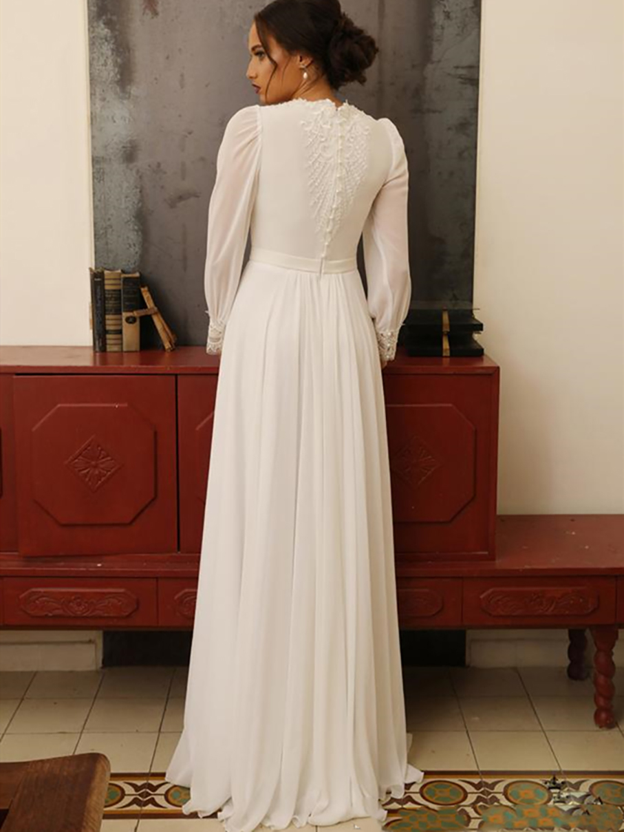 Appliqued Lace Chiffon Wedding Dresses High Neck Long Sleeve Floor Length Sheath Vintage Design Bridal Gowns vestido de noiva