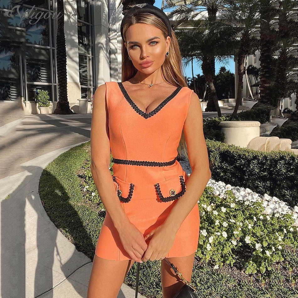 Women Summer Sexy Button Sleeveless V-Neck Pink Elegant Celebrity Party Runway Club Bandage Dress 210527