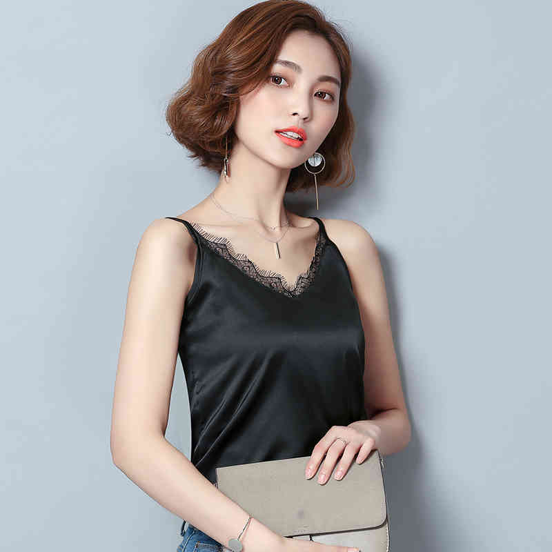 Fashion Sexy Lace Chiffon Women Camis Vest Slim V Collar Black Green Tank Sleeveless Female Blusa 0628 40 210506